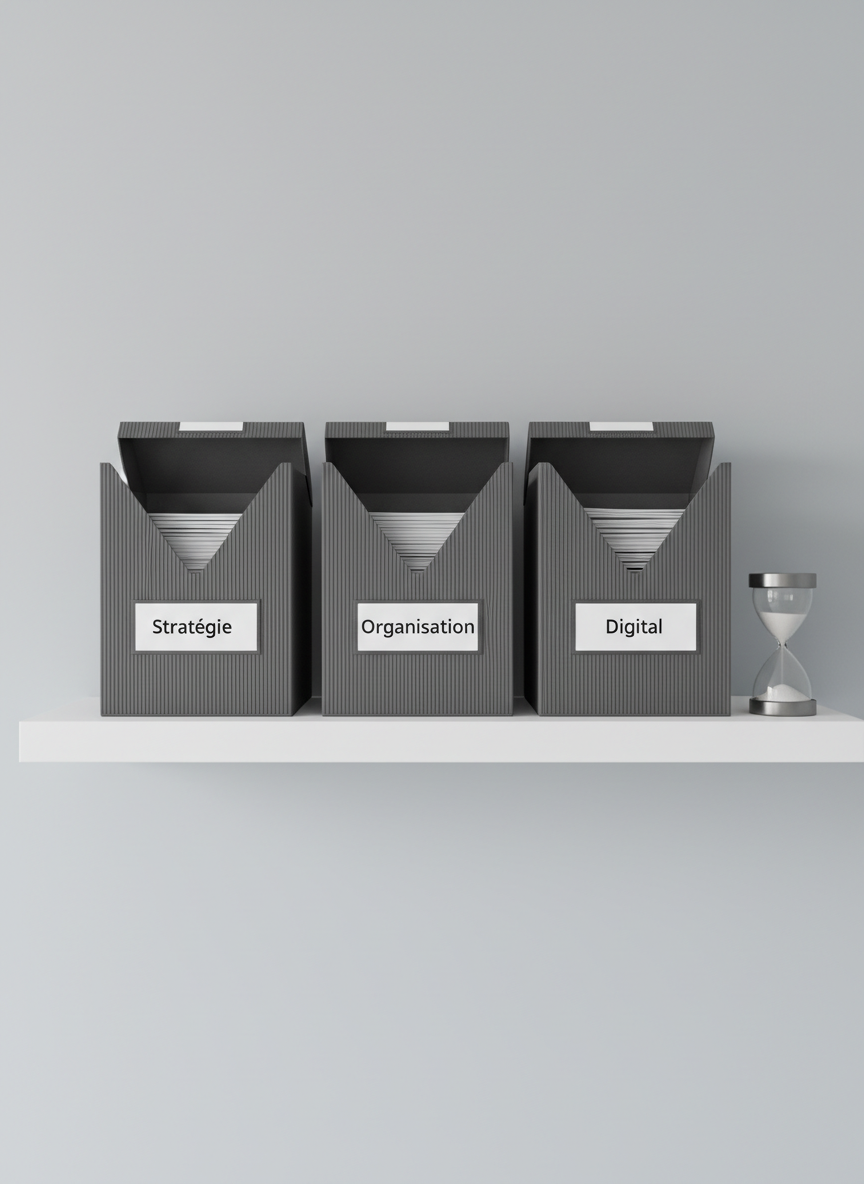 A series of neatly aligned, semi-open file boxes made of textured dark-grey cardboard with clean white labels titled "Stratégie", "Organisation", and "Digital" on a floating white shelf. A small, brushed-steel hourglass sits at one end, sand nearly finished, symbolizing swift consulting response. The background wall is a soft, cool grey, illuminated by even, diffused artificial lighting that eliminates harsh shadows while creating subtle texture on the boxes. Captured straight-on with symmetrical composition and full depth of field, the scene feels composed, methodical, and dependable. The mood is calm and highly professional, reinforcing structured consulting services and quick turnaround in a realistic, contemporary photographic style.