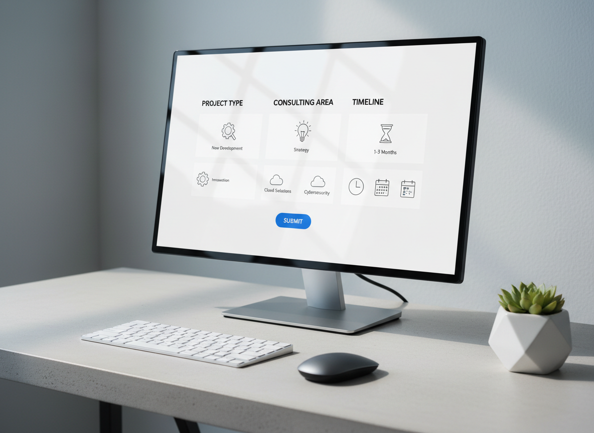 A minimalist digital dashboard displayed on a thin, frameless 4K monitor sitting on a light concrete desk. The screen shows a clear, step-by-step three-field consulting request form with bold, legible typography and simple icons, surrounded by plenty of white space. A slim wireless keyboard and a graphite-grey mouse rest nearby, with a single geometric planter holding a small green plant at the edge. Cool, diffused daylight from an unseen window illuminates the scene, creating soft reflections on the monitor. Shot from a slightly elevated angle with sharp focus, the mood is streamlined, intuitive, and reassuring. Photographic realism with a clean tech and UX-centric atmosphere.